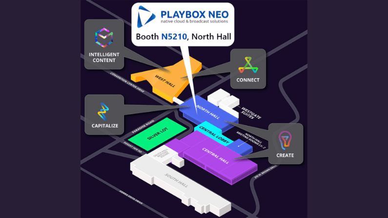 April 2022 NAB Show News Media Invitation from PlayBox Neo Booth N5210, LVCC North Hall